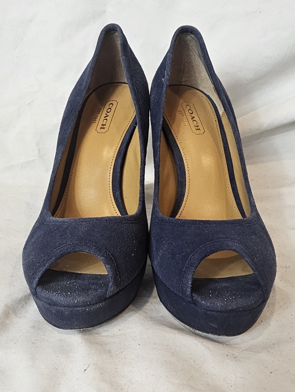 Coach Navy Suede Peep-Toe Platform Pumps Size 7 Quiet Luxury Office Wedding - Picture 3 of 14